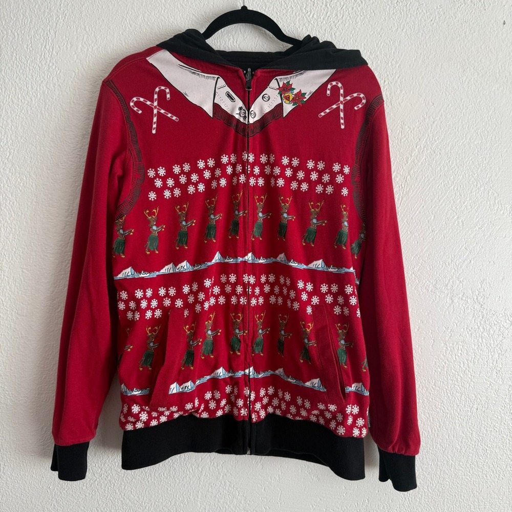 Quiksilver Christmas Hoodie Men's Large Reversible Torqued Hula Reindeer Red Zip